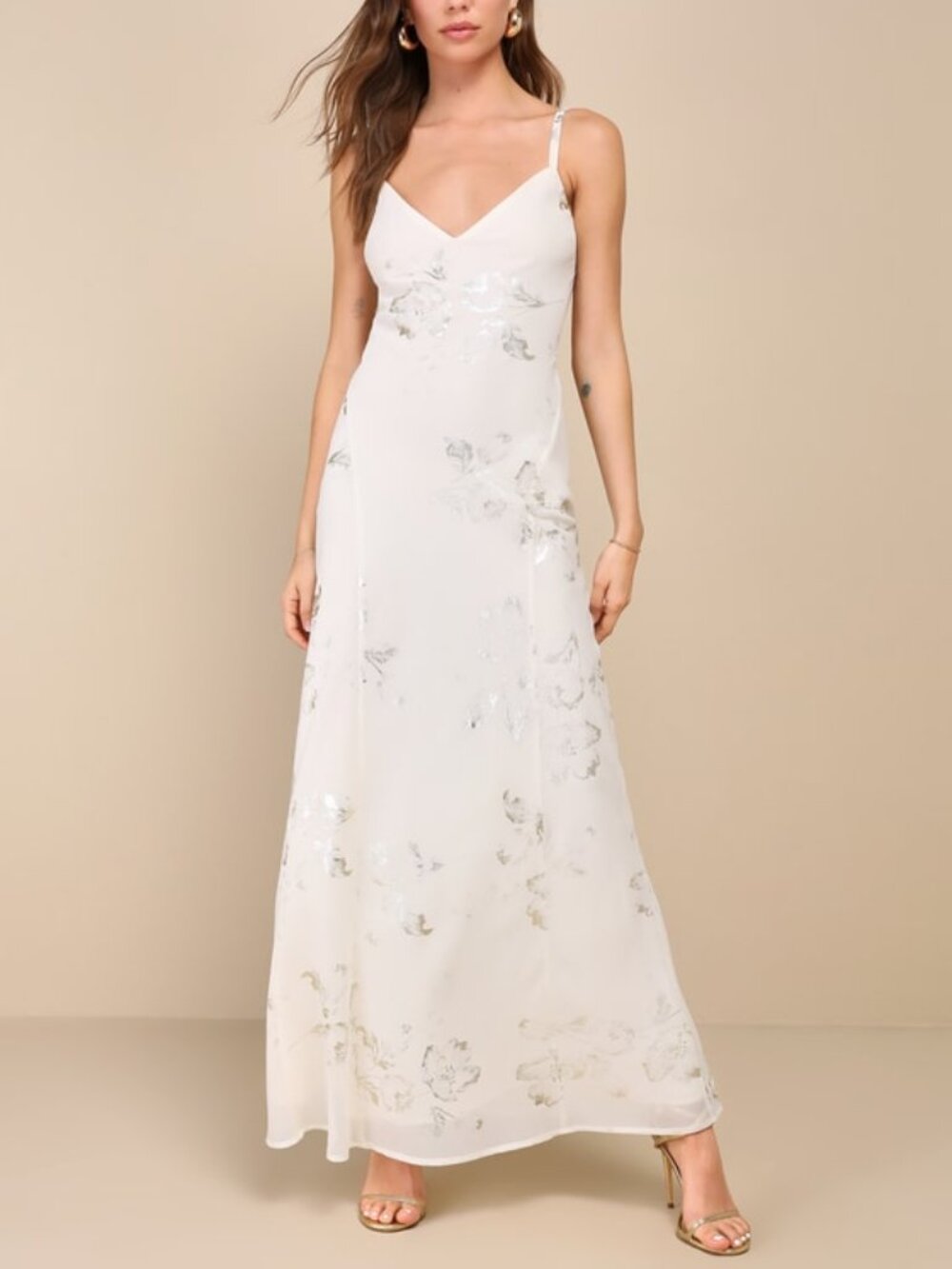 Lulus Blissfully Graceful Ivory Floral Metallic Backless Maxi Dress White. NWT